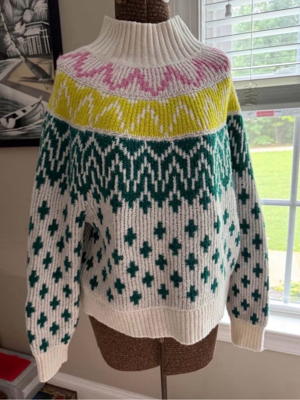 Old Navy Cream Cowlneck Sweater with Green, Yellow & Pink Fair Isle Yoke